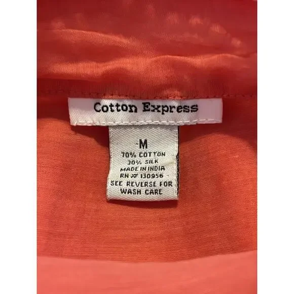 Cotton Express Ruffle Vneck Red Top Silk Blend Puff Sleeve Fitted Waist Sheer M - Picture 5 of 6